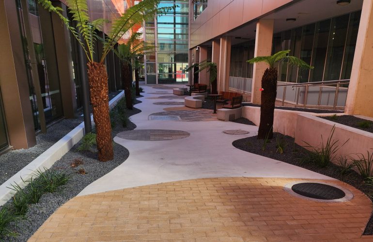 Canberra Hospital - Ground Floor footpath with planter boxes and seats
